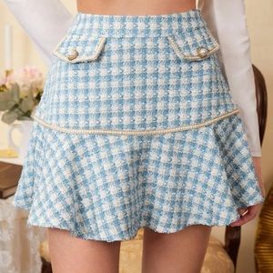 Blue Plaid Tweed Mini Skirt